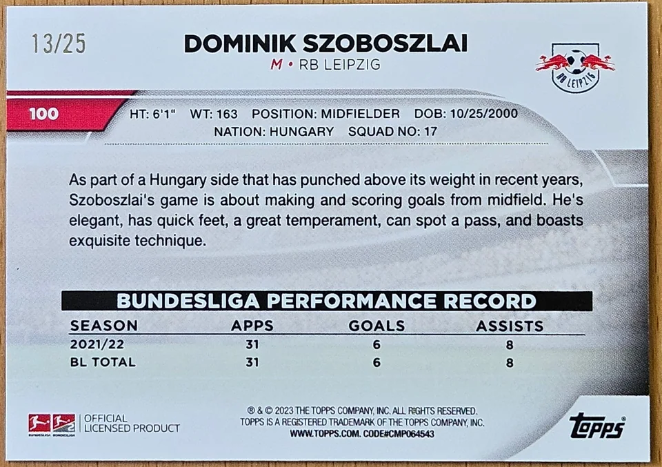 Back of Dominik Szoboszlai's 2022–23 Topps Bundesliga card